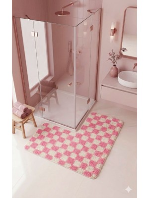 Eurobano Chess Dama Desen Duşakabin 100X100 cm Köşe Banyo Paspası Lateks Kaymaz Taban Makinede Yıkanabilirr