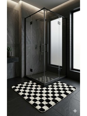 Eurobano Chess Dama Desen Duşakabin 100X100 cm Köşe Banyo Paspası Lateks Kaymaz Taban Makinede Yıkanabilirr