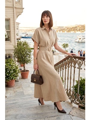 Lela Gömlek Yaka Kemerli Maxi Boy Elbise Bayan Elbise 6922376