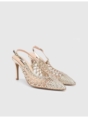 İLVİ Rielle Hakiki Örgü Deri Kadın Altın Renk Topuklu Sandalet