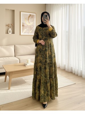 Moda Morfo Etnik Desen Eteği Parçalı Astarlı Şifon Elbise   -Yağ Yeşili