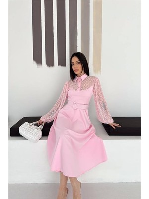 Neşeli Butik Kadın Pembe Gömlek Yaka Transparan Üst Detaylı Kemerli Midi Boy Elbise NBK4581