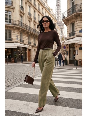 Lela Bol Paça Yüksek Bel Kemerli Pantolon Bayan Pantolon 6923807