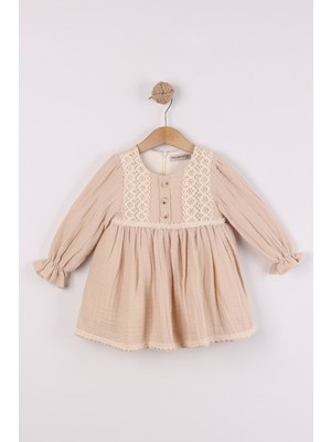 Joy Kids Kız Bebek %100 Pamuk Dantel Detaylı Müslin Elbise (9-24AY) (Krem)
