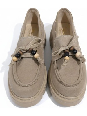 EFW Kadın Yüksek Kaymaz Taban Bej Süet Boncuklu Bağcıklı Loafer Oxford Ayakkabı