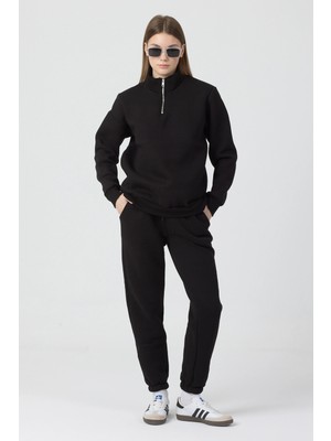 Segnante Kadın 3 Iplik Lastikli Fermuar Dik Yaka Siyah Eşofman Takımı
