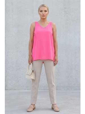 Lupinn Kadın Pembe Askılı Bluz V Yaka Salaş Yazlık Rahat Kesim Günlük Tatil Kombinlik Basic Şık Kadın Üst