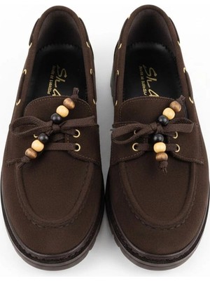 EFW Kadın Yüksek Kaymaz Taban Kahve Süet Boncuklu Bağcıklı Loafer Oxford Ayakkabı