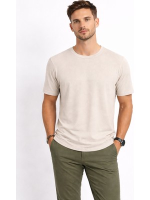 Cazador Erkek Bisiklet Yaka Kendinden Desenli T Shirt 44420 Kum