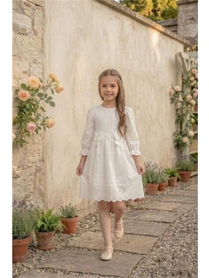 Pina Kids Kız Çocuk Lastikli Uzun Kollu Güpürlü Kurdelalı Elbise ELB2674