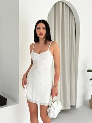 Mareandpanda Askılı Mini Elbise Drapeli Göğüs Detay Likralı Yazlık Fit - Beyaz