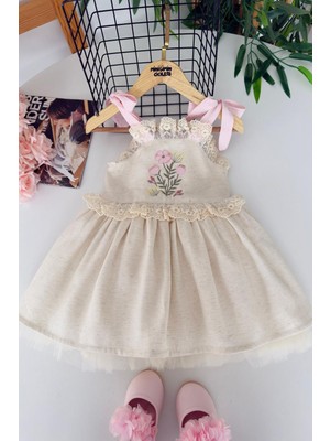 Miniğimin Cicileri Askılı Papatya Nakışlı Fiyonk Detaylı Tül Katmanlı Kız Çocuk Elbise - Bej
