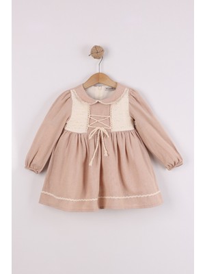 Joy Kids Kız Bebek Pamuk Keten Karışımlı Yakalı Elbise (Krem) (9-24AY)