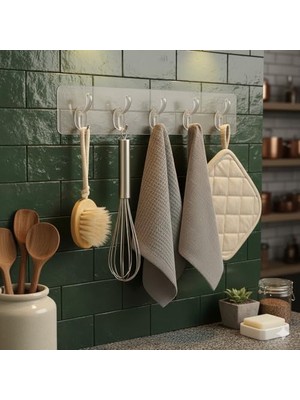 Store Kendinden Yapışkanlı 5 Kancalı Askı Seti – Duvara Delmeden Montaj, Şeffaf Vantuzlu Tasarım, Banyo & Mutfak Için Pratik Organizer (2 Adet)