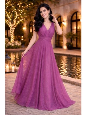 Neşeli Butik Kadın Lila Drapeli Tül Abiye Elbise NB2030