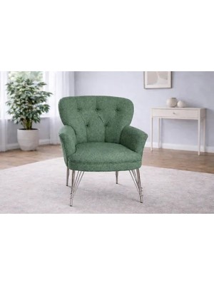 Vivense Pufy Kollu Tekli Berjer, Yeşil, Metal Krom Ayak