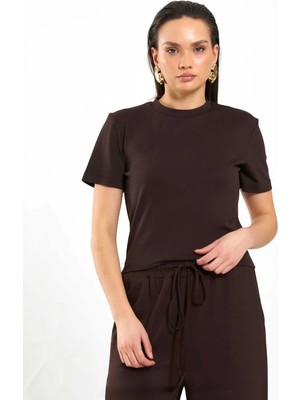 Lefon Bisiklet Yaka Crop T-Shirt - Kahverengi