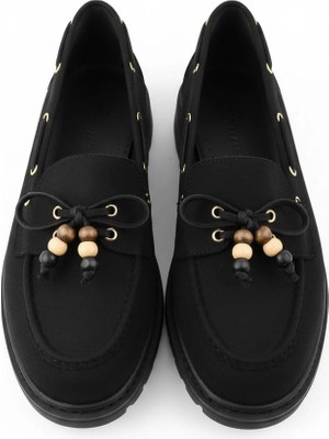 EFW Kadın Yüksek Kaymaz Taban Siyah Süet Boncuklu Bağcıklı Loafer Oxford Ayakkabı