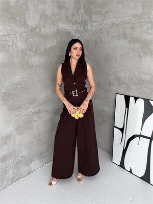 Neşeli Butik Kadın Kahverengi Gömlek Yaka Düğme Detaylı Maxi Tulum NBK061