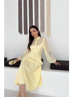 Neşeli Butik Kadın Sarı Gömlek Yaka Transparan Üst Detaylı Kemerli Midi Boy Elbise NBK4581