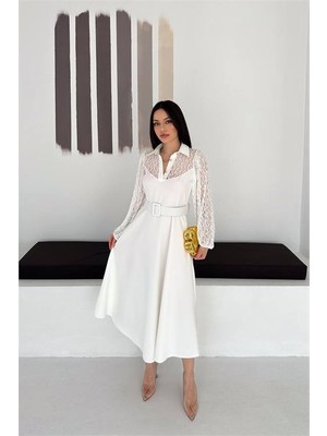 Neşeli Butik Kadın Beyaz Gömlek Yaka Transparan Üst Detaylı Kemerli Midi Boy Elbise NBK4581