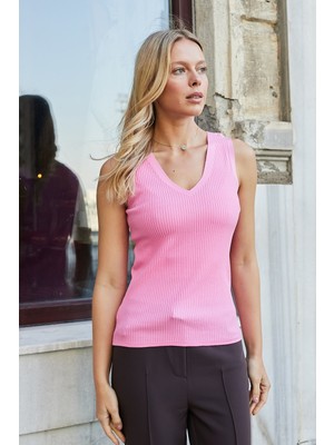 Jument Kadın Likralı Esnek Triko V Yaka Kaşkorse Body Bluz-Pembe