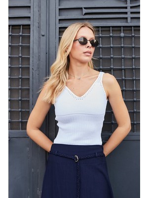 Jument Kadın Esnek Triko Kalın Askılı Body Bluz-Krem