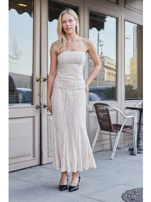 Jument Kadın Desenli Tül Strapless Likralı Body Bluz-Bej