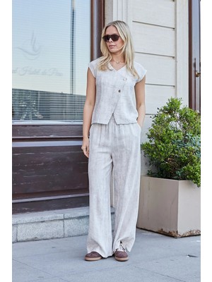 Jument Kadın Keten Görünümlü Kruvaze Anvelop Düşük Omuzlu Yelek Bluz-Krem