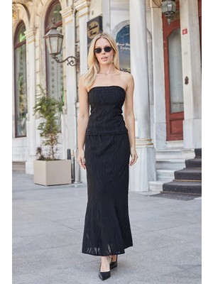 Jument Kadın Desenli Tül Strapless Likralı Body Bluz-Siyah