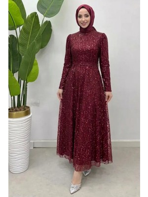 Tesettür Diyarı Kares Kuşaklı Işlemeli Tesettür Abiye- Bordo