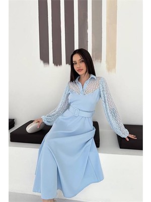 Neşeli Butik Kadın Bebe Mavi Gömlek Yaka Transparan Üst Detaylı Kemerli Midi Boy Elbise NBK4581