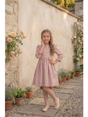 Pina Kids Kız Çocuk Lastikli Uzun Kollu Güpürlü Kurdelalı Elbise ELB2674