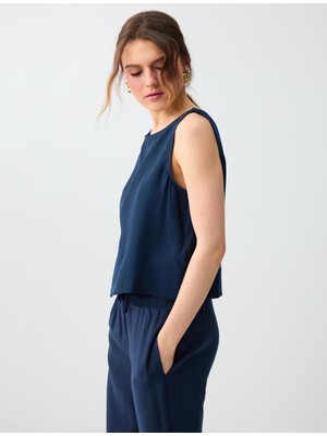 Jimmy Key Lacivert Kayık Yaka Kolsuz Çizgili Modal Dokuma Bluz