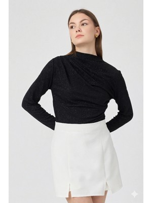 Segnante Kadın Büzgü Detaylı Uzun Kol Sandy Simli Siyah Bluz