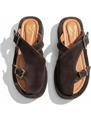 Ne&Ve Shoes Kahve Süet Iki Tokalı Kalın Kaplama Tabanlı Kadın Terlik