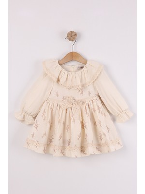Joy Kids Kız Bebek Fırfır Yaka Dantel Detaylı Müslin Elbise %100 Pamuk (Bej) (9-24AY)