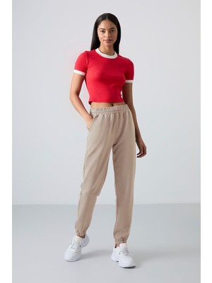 Tommy Life Koyu Bej Cepli Yüksek Bel Rahat Form Lastik Paça Kadın Eşofman Alt - 94583