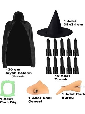 Ett Siyah Kapüşonlu Pelerin 120 cm Tırnaklar Diş Çene Burun ve Şapka Seti
