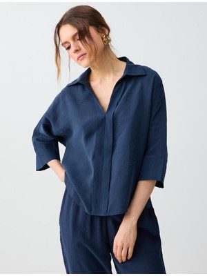 Jimmy Key Lacivert Gömlek Yaka Truvakar Kol Modal Dokuma Bluz