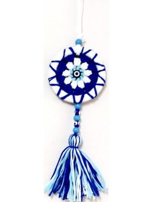 Ett Ponponlu Nazar Boncuğu Desenli El Yapımı Mini Kapı Süsü