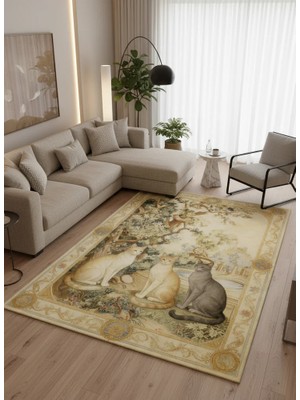 İstinye Halı Arte KD009 Kedi Desenli Pati Dostu Hayvanseverler Için Dekoratif Halı