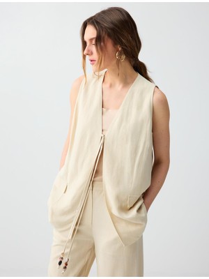 Jimmy Key Taş Keten Karışımlı Düz Kesim Dokuma Yelek