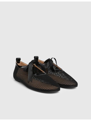 İLVİ Kora Hakiki Rugan Deri File Detaylı Siyah Kadın Oxford Ayakkabı