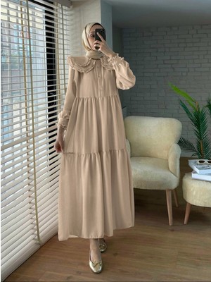 Moda Morfo Bebe Yaka Fırfırlı Parçalı Ithal Keten Elbise -Vizon