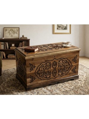 Erteks Ev Tekstili Trevo Yeni Model Ay-Yıldız Motifli 4 Köşeli Maraş Oyma Çeyiz Sandığı