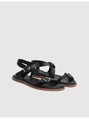 İLVİ Evira Hakiki Deri Kadın Siyah Sandalet