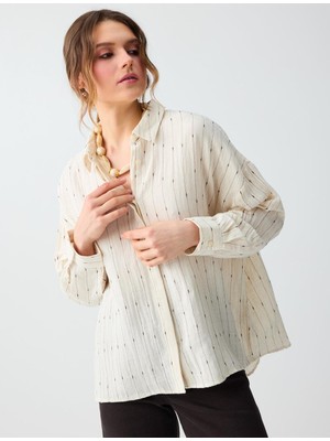 Jimmy Key Ekru Keten Karışımlı Rahat Kesim Çizgili Dokuma Gömlek