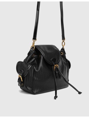 İLVİ Jynra Hasır Deri Kadın Siyah Omuz Çantası