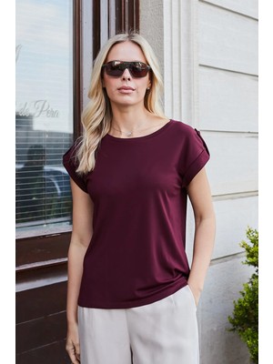 Jument Kadın Kaliteli Likrasız Span Kumaş Geniş Sıfır Yaka Duble Kollu Apoletli Düğmeli T-Shirt Bluz-Bordo